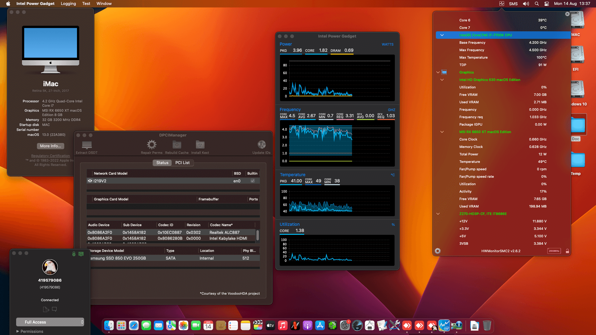 Success Hackintosh macOS Ventura 13.0 Build 22A380 in Gigabyte GA-Z270-HD3P + Intel Core i7 7700K + MSI RX 6650 XT